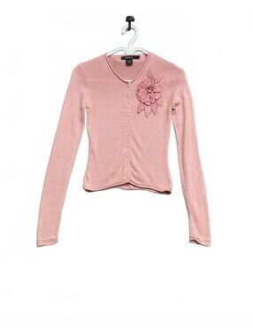 Arden B Pink Long Sleeve Button-Up Cardigan with Floral Applique Size Small